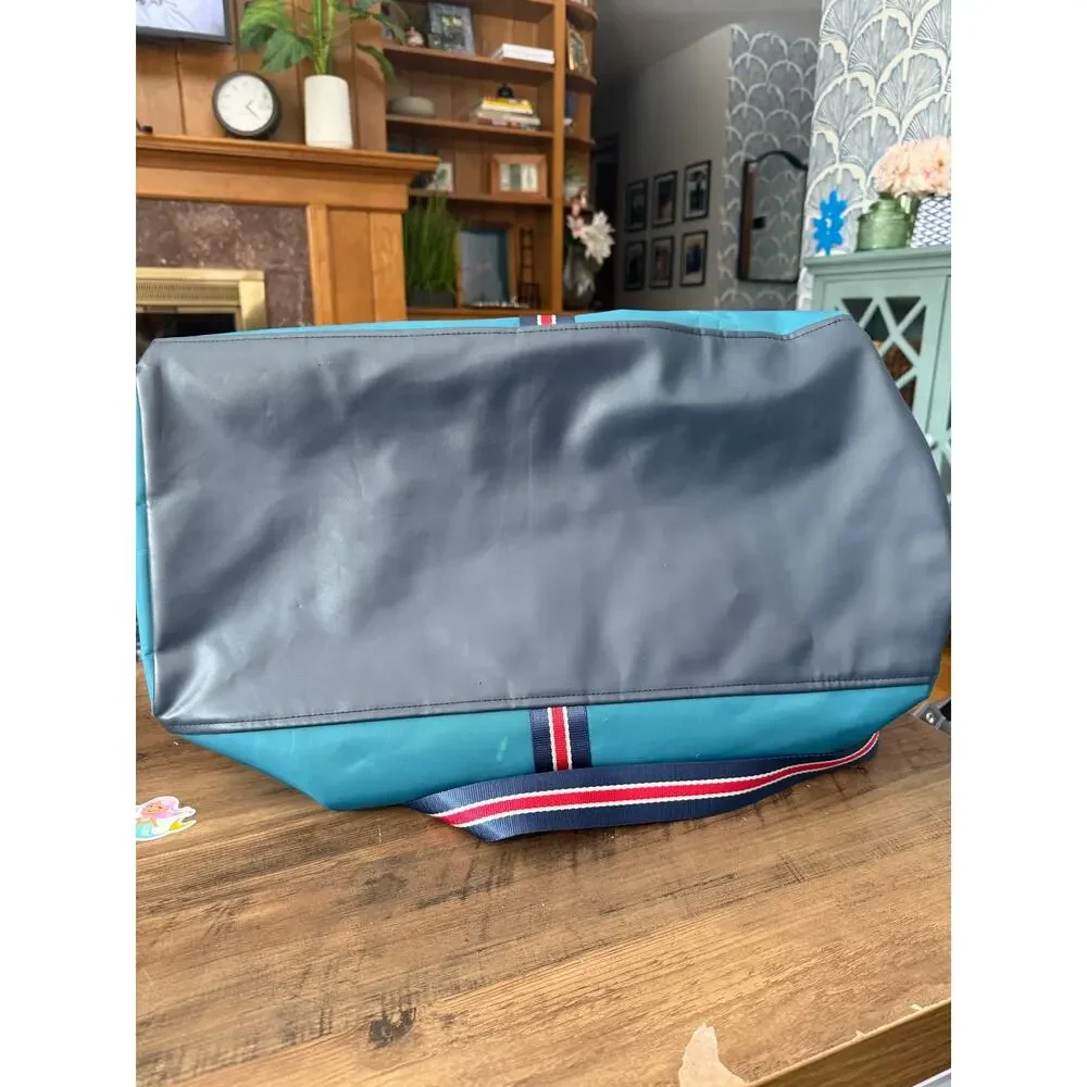 PUNCH Nylon Blue Gem Tone Duffle Bag with Red and Blue Designer Crossbody Detail